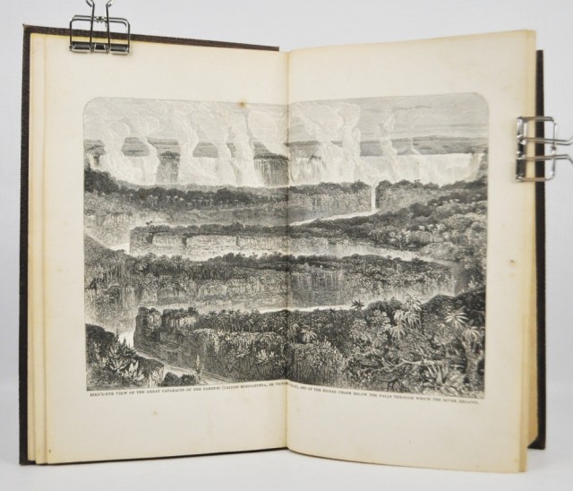 Bird`s-eye view of the great cataracts of the Zambesi (called Mosioatunya, or Victoria Falls), and of the zigzag chasm below the falls through which the river escapes.